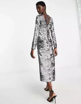Серебристое атласное платье макси River Island