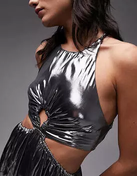 Серебристое платье макси с эластичным вырезом и вырезом в виде металлизированной кожи Topshop