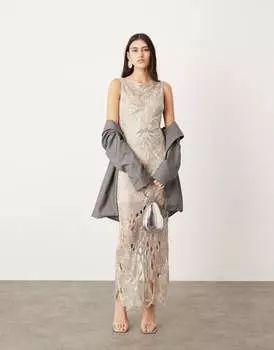 Серебристое платье макси с глубоким вырезом на спине и вырезной вышивкой ASOS EDITION nouveau с цветочным декором