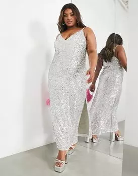 Серебристое платье миди на бретельках с пайетками ASOS EDITION Curve