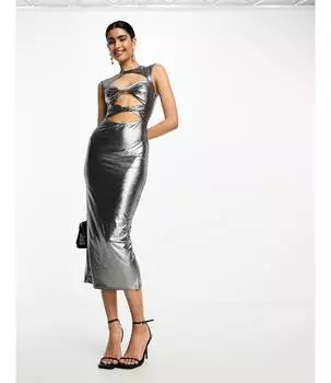 Серебристое платье миди с металлизированным разрезом спереди ASOS DESIGN