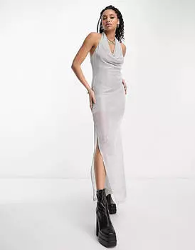 Серебристое прозрачное платье макси с воротником-бретелькой Extro & Vert Premium