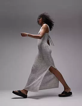 Серебристое вязаное платье миди с квадратным вырезом Topshop