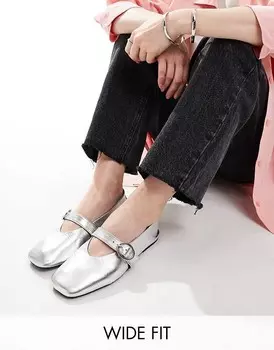 Серебристые балетки Mary Jane из кожи премиум-класса ASOS DESIGN Wide Fit Luxe