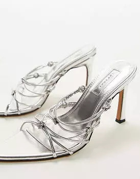 Серебристые босоножки на каблуке с острым носком Topshop Cleo