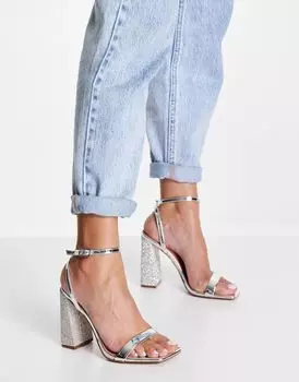 Серебристые изящные босоножки ASOS Nora с декорированным блочным каблуком