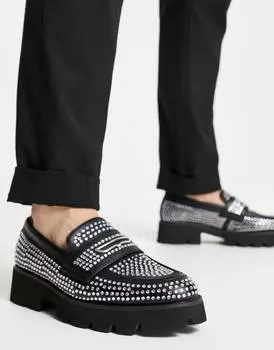 Серебристые массивные лоферы ASOS DESIGN с заклепками со стразами по всей поверхности