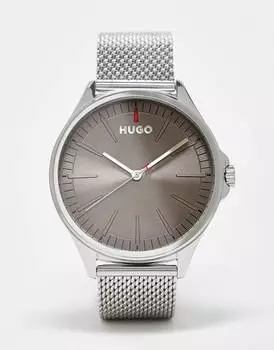 Серебристые мужские часы Hugo с сетчатым ремешком и серым циферблатом 1530135