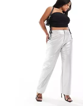 Серебристые прямые брюки из искусственной кожи ASOS DESIGN Curve