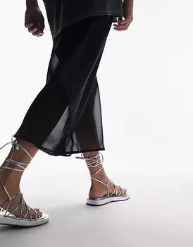 Серебристые сандалии на плоской подошве с ремешками и завязкой на щиколотке Topshop Gina