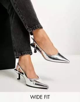Серебристые туфли на каблуке с открытой пяткой ASOS DESIGN Wide Fit Strut