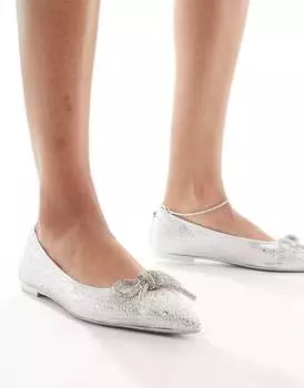 Серебристые туфли на плоской подошве с острым носом и бантом Steve Madden Elina-R