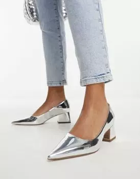 Серебристые туфли на среднем каблуке ASOS DESIGN Saint Block