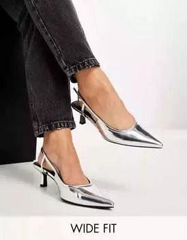 Серебристые туфли на среднем каблуке с открытой пяткой ASOS Wide Fit Strut