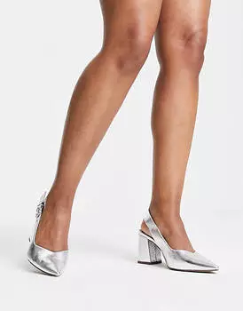 Серебристые туфли на толстом каблуке с пяткой на пятке ASOS DESIGN Wide Fit West