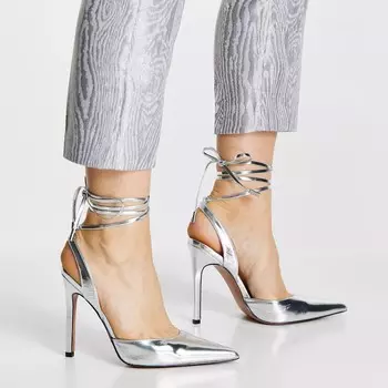 Серебристые туфли на высоком каблуке с завязками ASOS DESIGN Pally