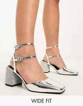 Серебристые туфли средней длины на блочном каблуке с отделкой ASOS Wide Fit Saffy
