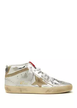 Серебристые женские кожаные кроссовки mid star длиной до щиколотки Golden Goose