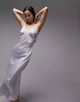 Серебристый атласный пеньюар Topshop с жаккардовым горошком и кружевной отделкой