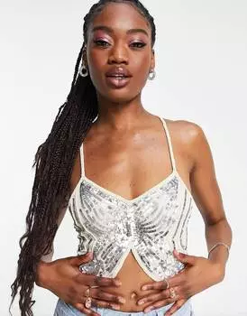 Серебристый топ на бретельках с бабочками и украшением Miss Selfridge