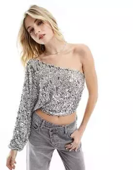 Серебристый топ на одно плечо с пайетками и манжетами на завязках ASOS