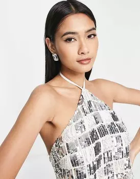 Серебристый топ с короткими рукавами ASOS DESIGN с пайетками и бусинами