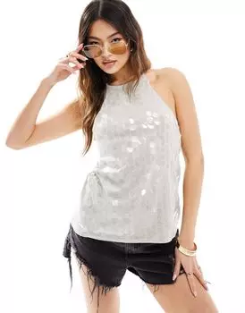 Серебристый топ с воротником-халтером и пайетками River Island