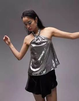 Серебристый топ с завязками на шее Topshop
