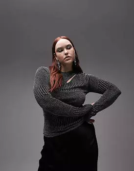 Серебристый топ в рубчик с металлизированным вырезом и длинными рукавами Topshop Curve