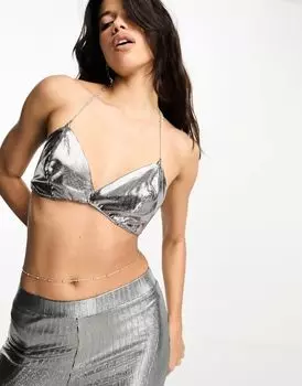 Серебристый укороченный фестивальный топ потертого цвета Threadbare