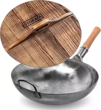 Серебряная сковорода-вок YOSUKATA с круглым дном – 14-дюймовые воки и сковороды для жарки Чугунная крышка для вока – Премиальная крышка для вока Крышка для вока 14 дюймов – Деревянная крышка для вока 14 дюймов с эргономичной ручкой