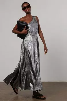 Серебряное платье макси на одно плечо фактурный материал с блеском Religion, серебряный