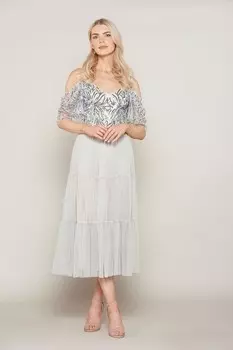 Серебряное платье миди с открытыми плечами и декором Amelia Rose, серебряный