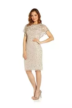 Серебряное платье Studio с короткими расклешенными рукавами и вышивкой бисером Adrianna Papell, серебряный