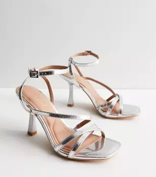 Серебряные босоножки на каблуке-шпильке с ремешками New Look, серебряный