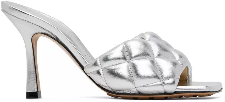 Серебряные стеганые босоножки на каблуке Bottega Veneta