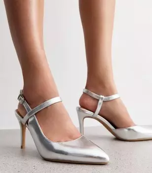 Серебряные туфли-лодочки на каблуке-шпильке с открытой пяткой New Look, серебряный