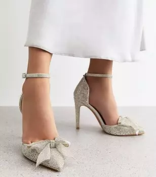 Серебряные туфли-лодочки на шпильке с бантом и стразами New Look, серебряный