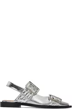 Серебряные женские балетки с пряжкой GANNI