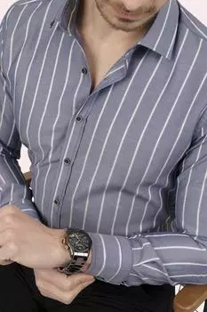 Серо-белая полосатая рубашка узкого кроя в коробочке Etikmen, серый