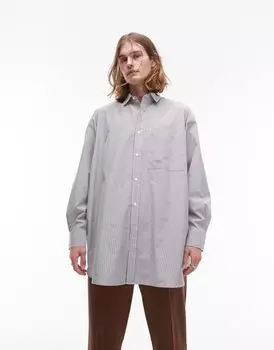 Серо-белая рубашка в полоску оверсайз с длинными рукавами Topman