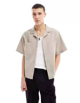 Серо-бежевая рубашка из рипстопа с кубинским воротником и короткими рукавами COLLUSION