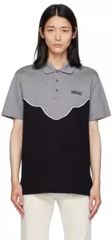 Серо-черная футболка-поло с вышивкой Versace