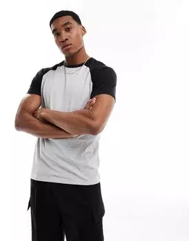 Серо-черная футболка потертого реглан Threadbare