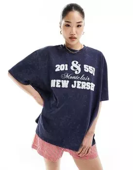 Серо-голубая футболка оверсайз из синели с рисунком ASOS DESIGN New Jersey