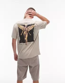 Серо-коричневая футболка оверсайз Topman с графическим принтом ангела Nirvana спереди и сзади