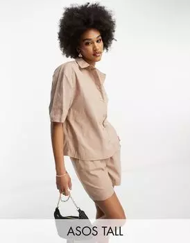 Серо-коричневая льняная рубашка свободного кроя ASOS DESIGN Tall, часть комплекта