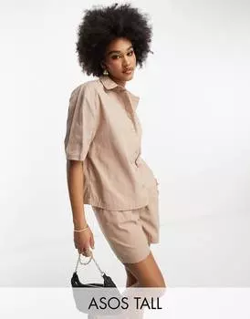 Серо-коричневая льняная рубашка свободного кроя ASOS DESIGN Tall ASOS Tall