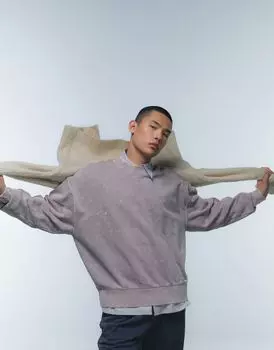 Серо-коричневая толстовка оверсайз премиум-класса с кислотной стиркой Topman