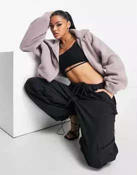 Серо-коричневая укороченная флисовая молния с рукавом «летучая мышь» ASOS DESIGN